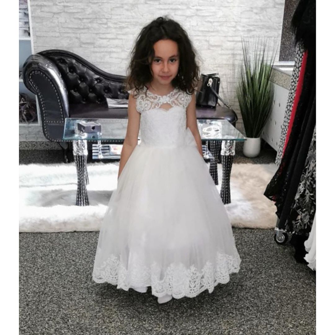 A-line Bateau Jewel Lace Flower Girl Dress with Pearls and Appliques