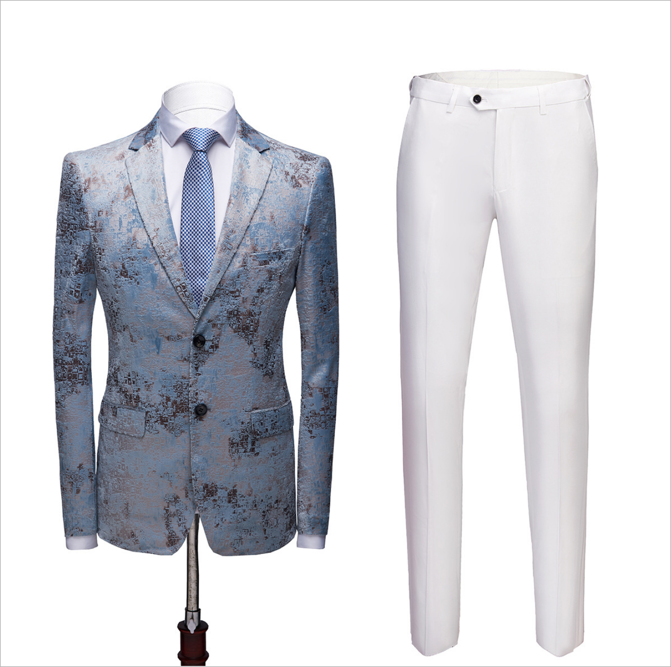 Classy Blue Notched Lapel Wedding Suit for Men's Party with White Pants