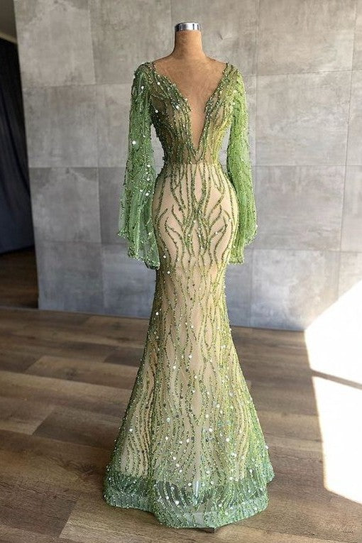 Charming Green Mermaid Beaded Prom Dress with Long Sleeves and Sequins