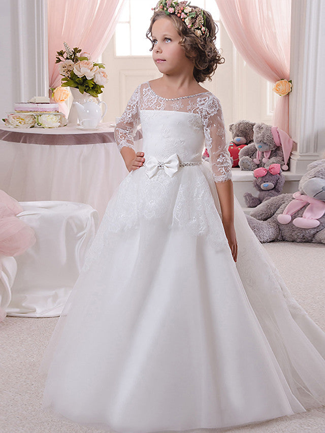 Ivory Scoop Ball Gown Flower Girl Dresses with Lace and Crystal