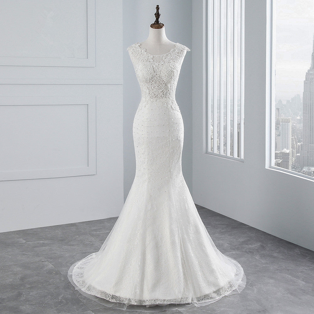 Glamorous Jewel Tulle Long Mermaid Wedding Dress With Appliques Lace