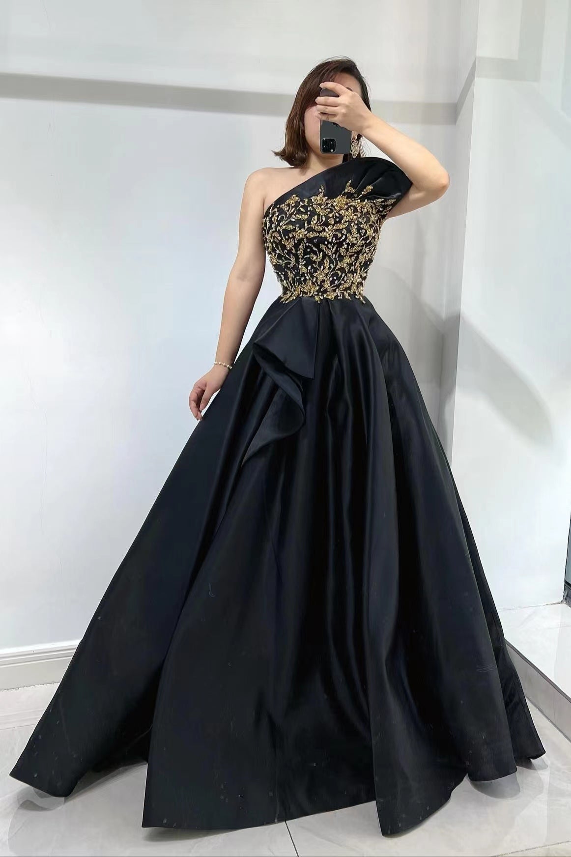 Stunning Black Evening Dress with Beadings & One Shoulder Slit