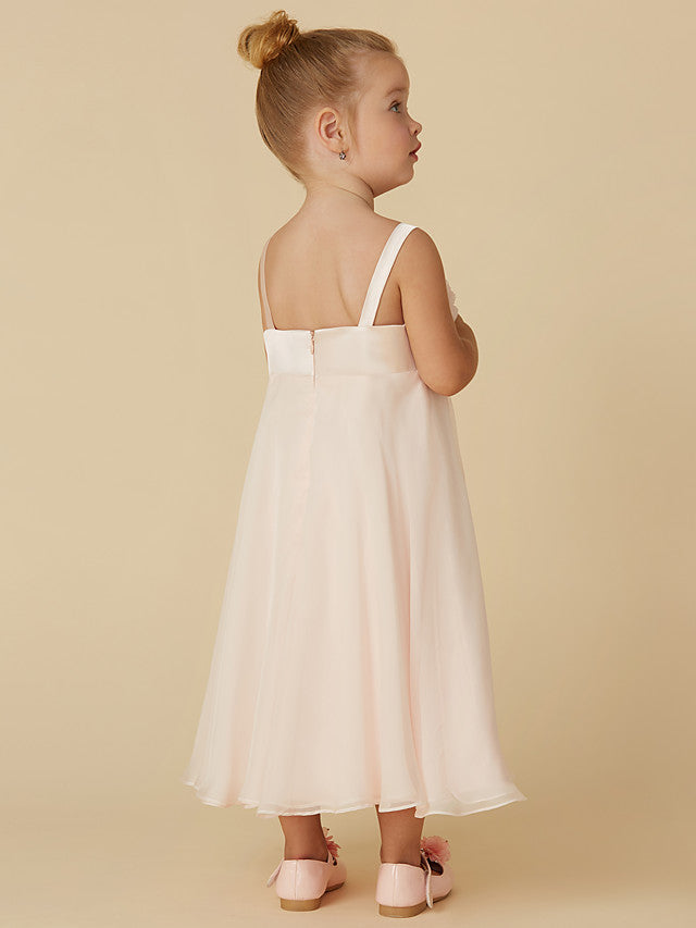 Column Sleeveless Straps Tea Length Flower Girl Dress in Chiffon with Handmade Flower