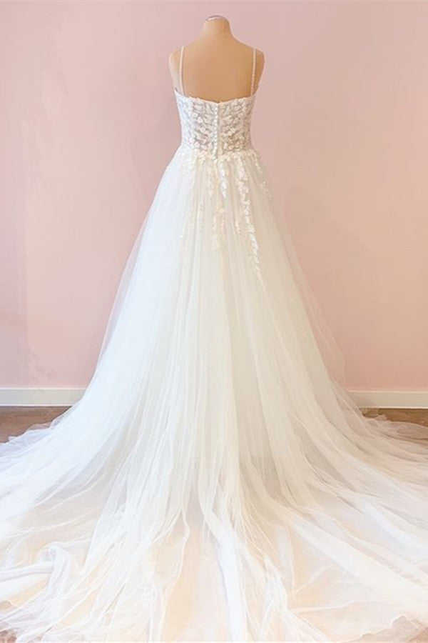 A-Line Spaghetti Straps Sweetheart Tulle Wedding Dress With Appliques Lace