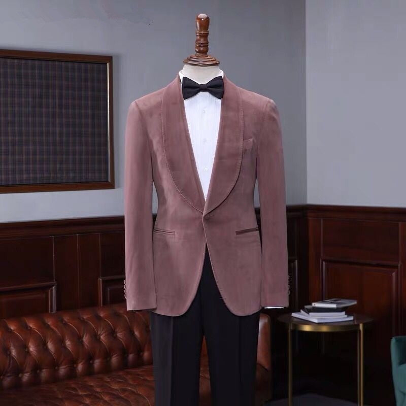 One Button Wedding Suit in Classic Pink Velvet Shawl Lapel for Men