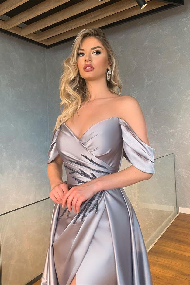 Mermaid Silver Off-the-Shoulder Prom Dress With Slit