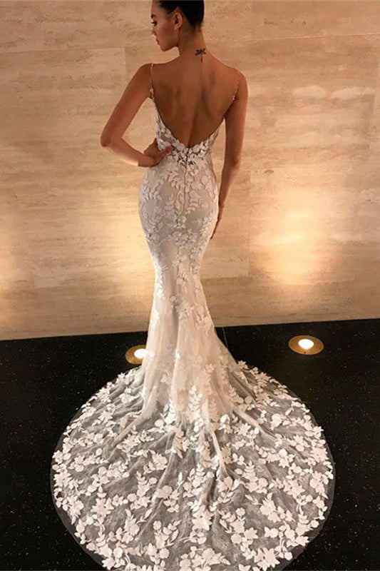 Backless Long Mermaid Wedding Dress with Spaghetti-Straps and Lace Appliques