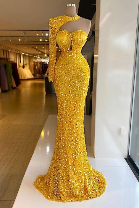 One Shoulder Yellow Halter Long Sleeve Mermaid Prom Dress with Sequins