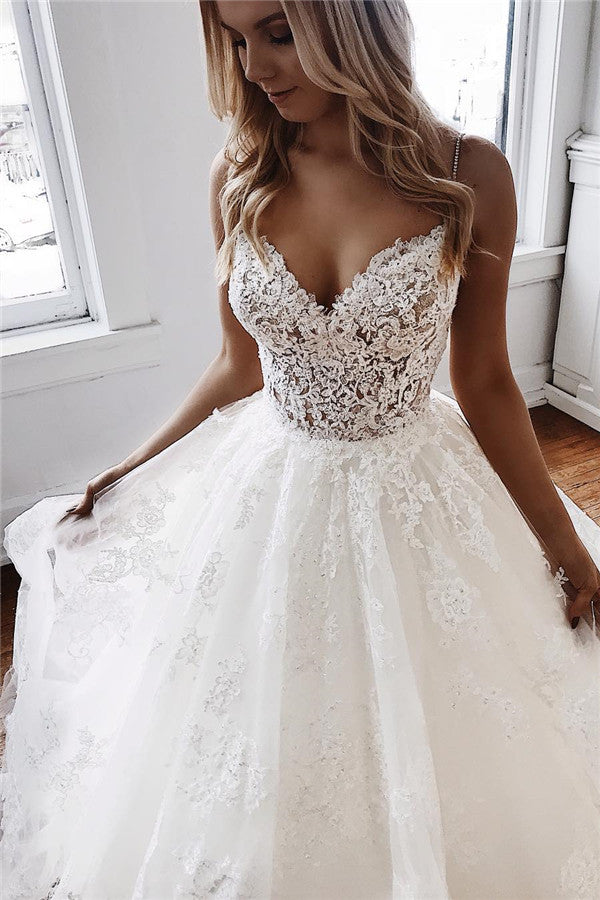 Glamorous A-Line Wedding Dress with Spaghetti Straps and Lace Appliques