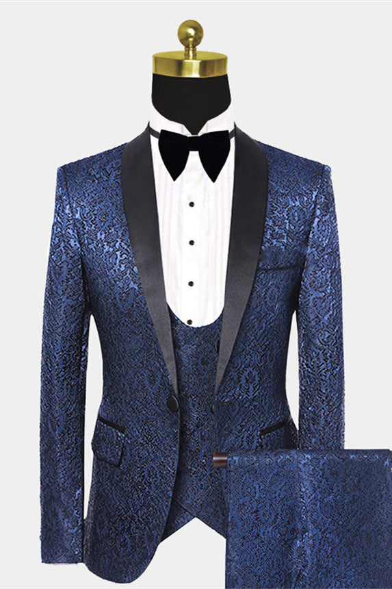 Dark Navy Wedding Suit with Black Satin Lapel and Damask Floral Design