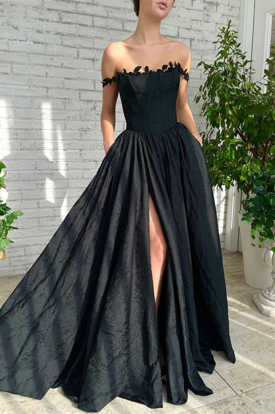 Black A Line Off-The-Shoulder Evening Dress with Sleeveless Lace Side Split