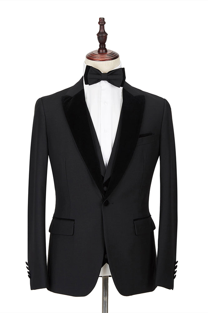 Classic Black 2 Piece Velvet Peak Lapel Wedding Suit For Men