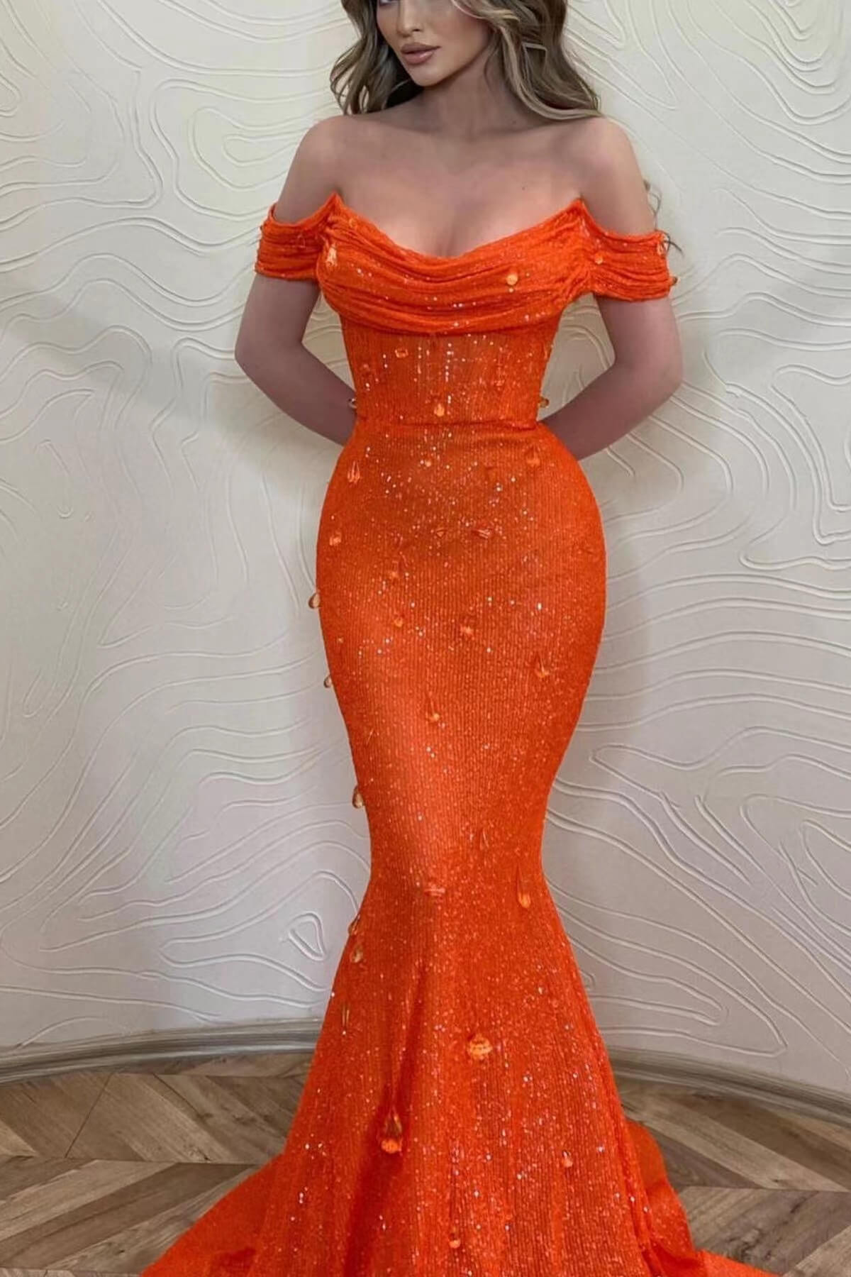 Glamorous Orange Off-The-Shoulder Prom Dress With Sequins Mermaid