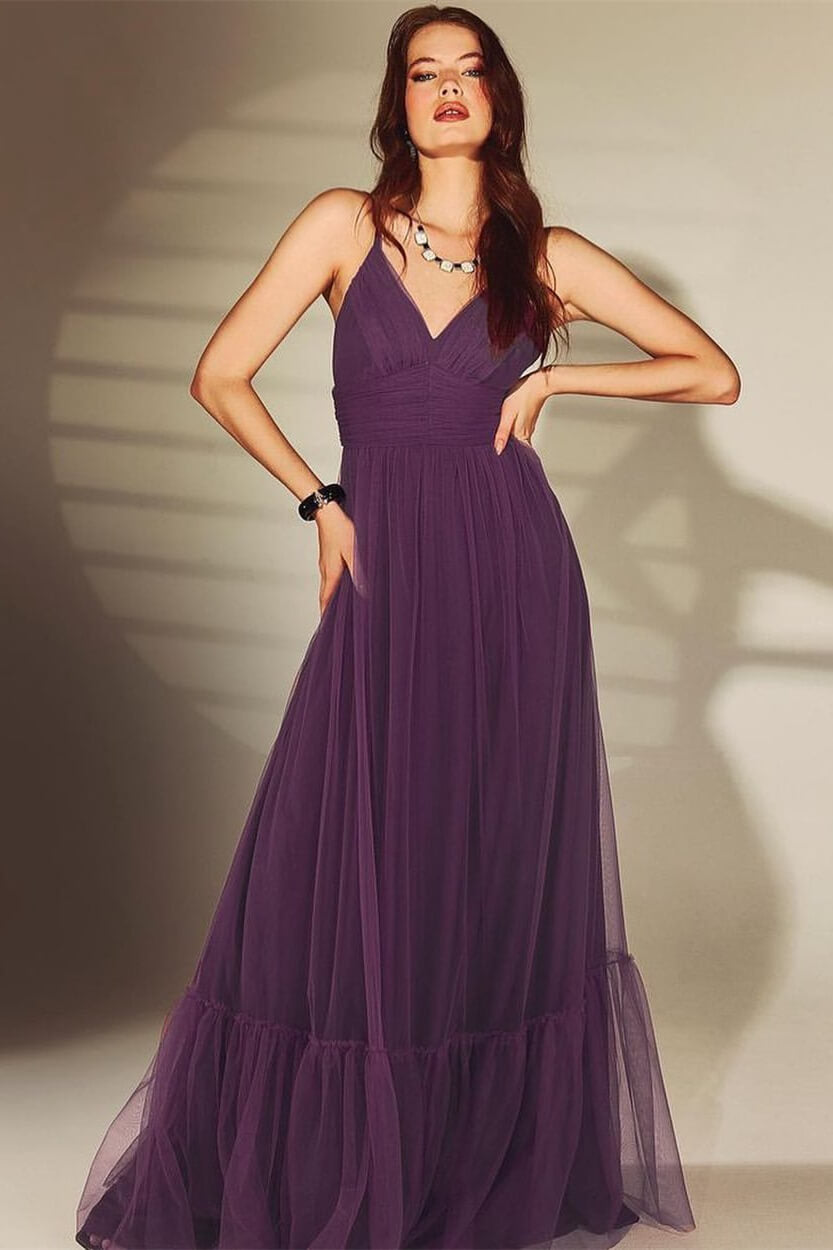 Dark Purple Shine V-Neck Spaghetti-Straps Evening Dress Online