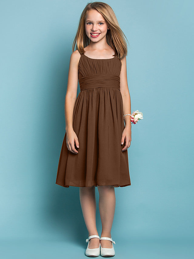 Elegant Knee-Length Chiffon Flower Girl Dress with Sheath Column Straps and Ruched Draping