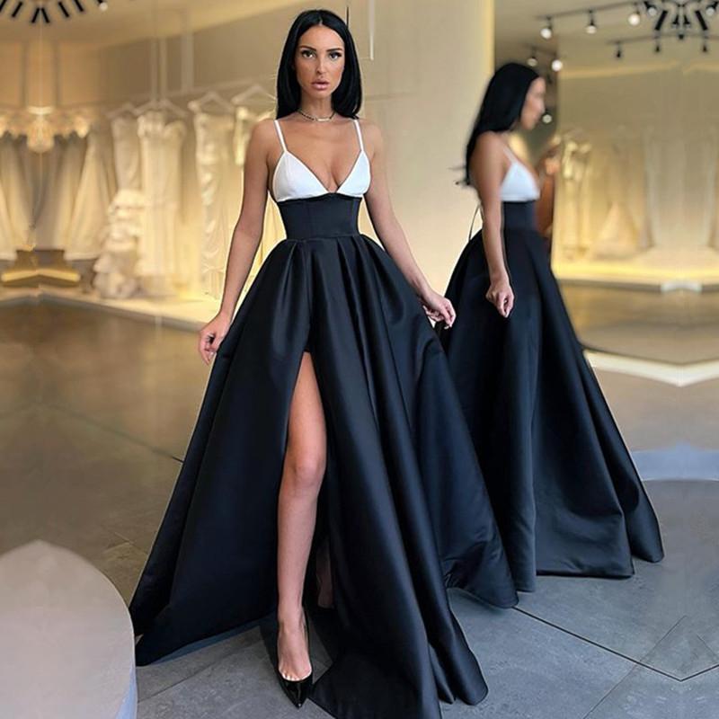 Stunning Black and White Spaghetti-Straps Prom Dress