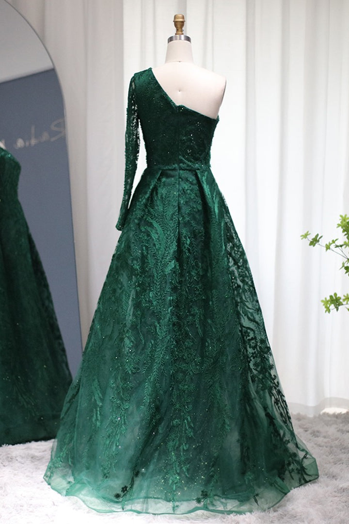 Emerald One Shoulder Long Sleeves Tulle Prom Dress with Diamond Appliques