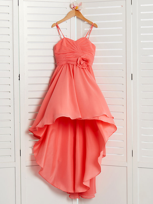 Chiffon A-Line Flower Girl Dress With Spaghetti Strap and Tea Length Pleats