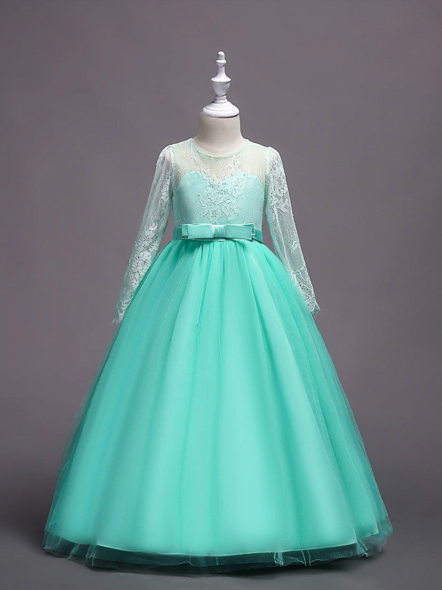 Long Sleeve Jewel Neck Lace Satin Tulle Flower Girl Dress with Lace Belt