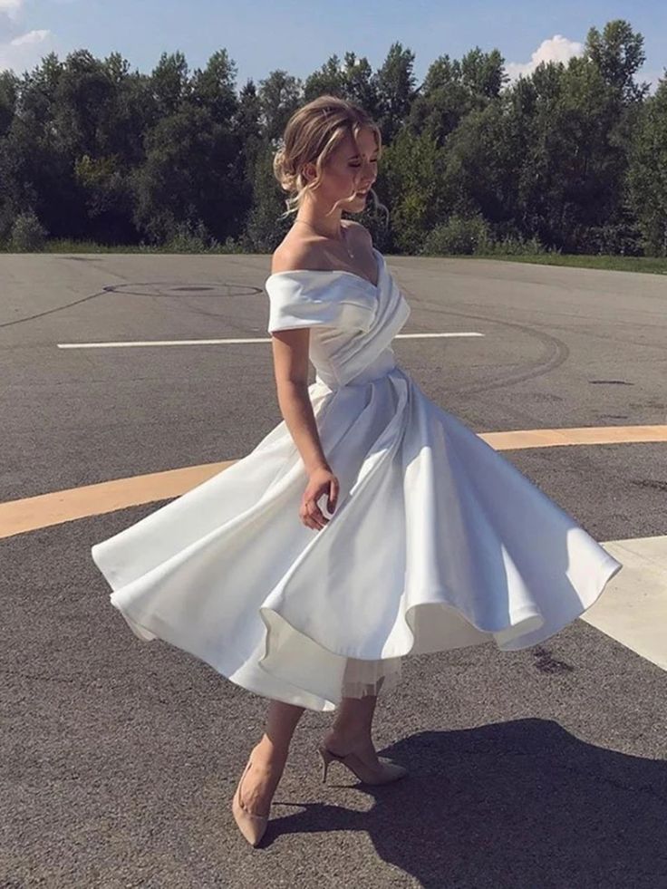 Elegant A-line Satin Off-The-Shoulder Short Wedding Dress