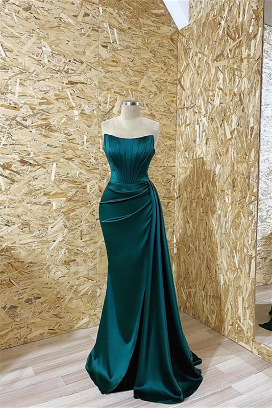 Modern Dark Green Strapless Mermaid Prom Dress with Ruffles