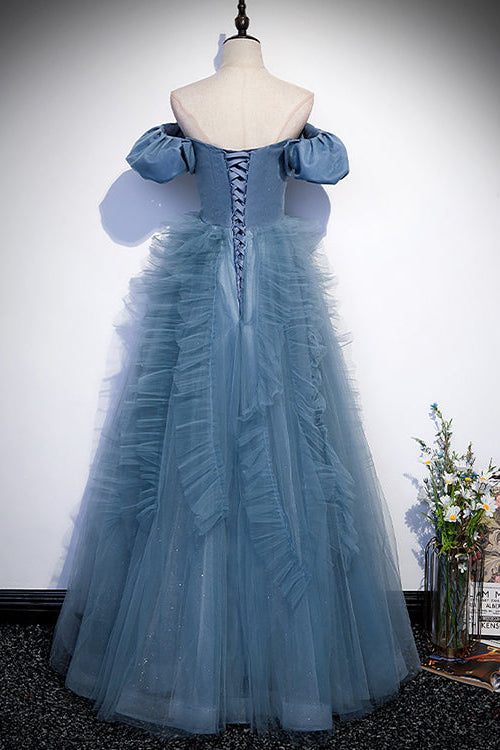 Gorgeous Dusty Blue Off-The-Shoulder Long Prom Dress Tulle With V-Neck