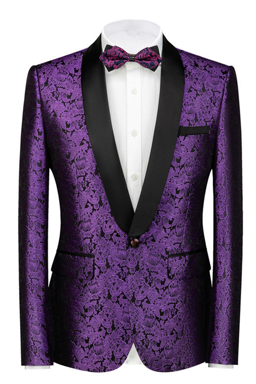 Purple Jacquard Easy Fit Black Lapel Wedding Tuxedo