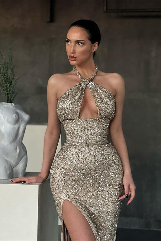 Sequins Mermaid Evening Dress With Split - Sleeveless Halter Long