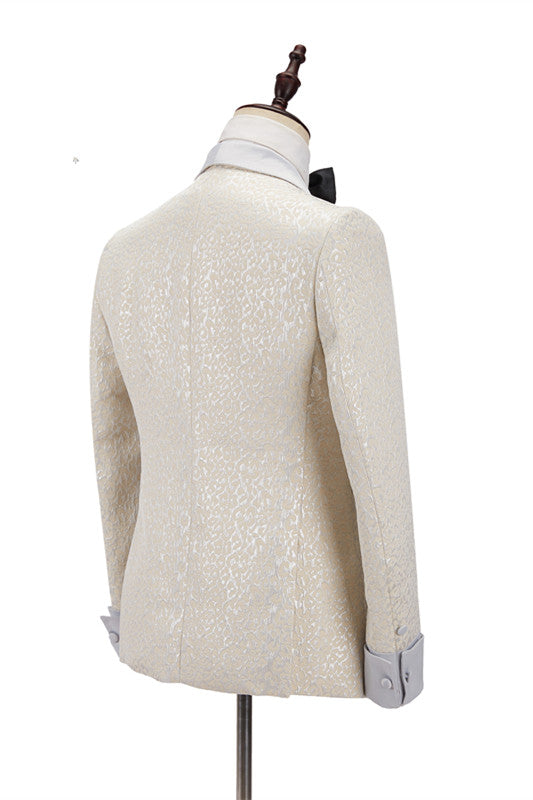 Chic Off White Shawl Lapel Slim Fit Jacquard Wedding Suit For Men