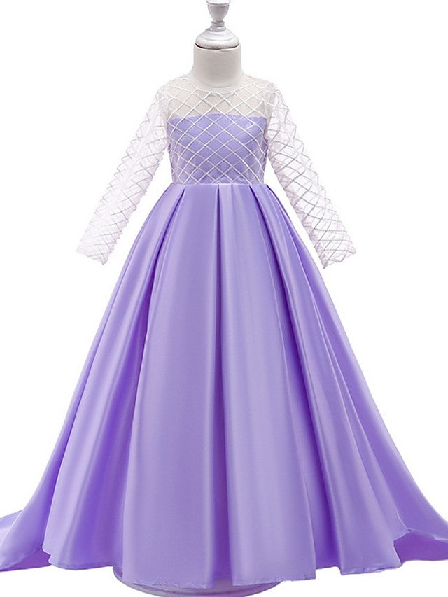 Princess A-Line Long Sleeve Flower Girl Dress with Bow Pleats