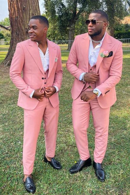 New Arrival Christopher Pink Three Piece Peaked Lapel Groomsmen Suits