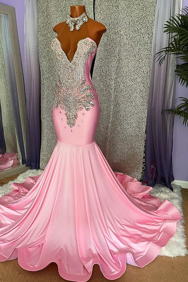 Mermaid Pink High Neck Prom Dress with Appliques and Beading