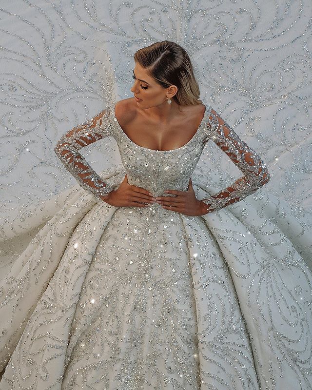 Luxury Long Ball Gown Satin Off-The-Shoulder Backless Wedding Dress with Crystal Sequins