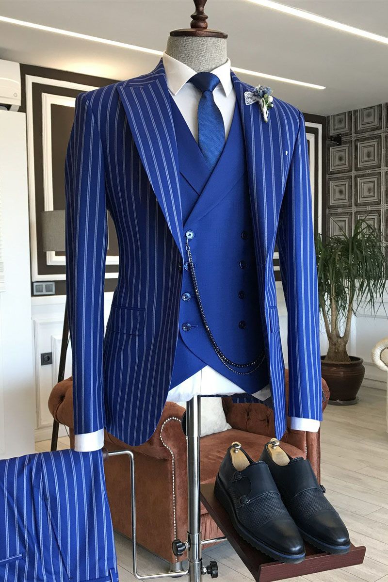 Gentle 3 Pieces Peaked Lapel Business Suit - Blue With Striped