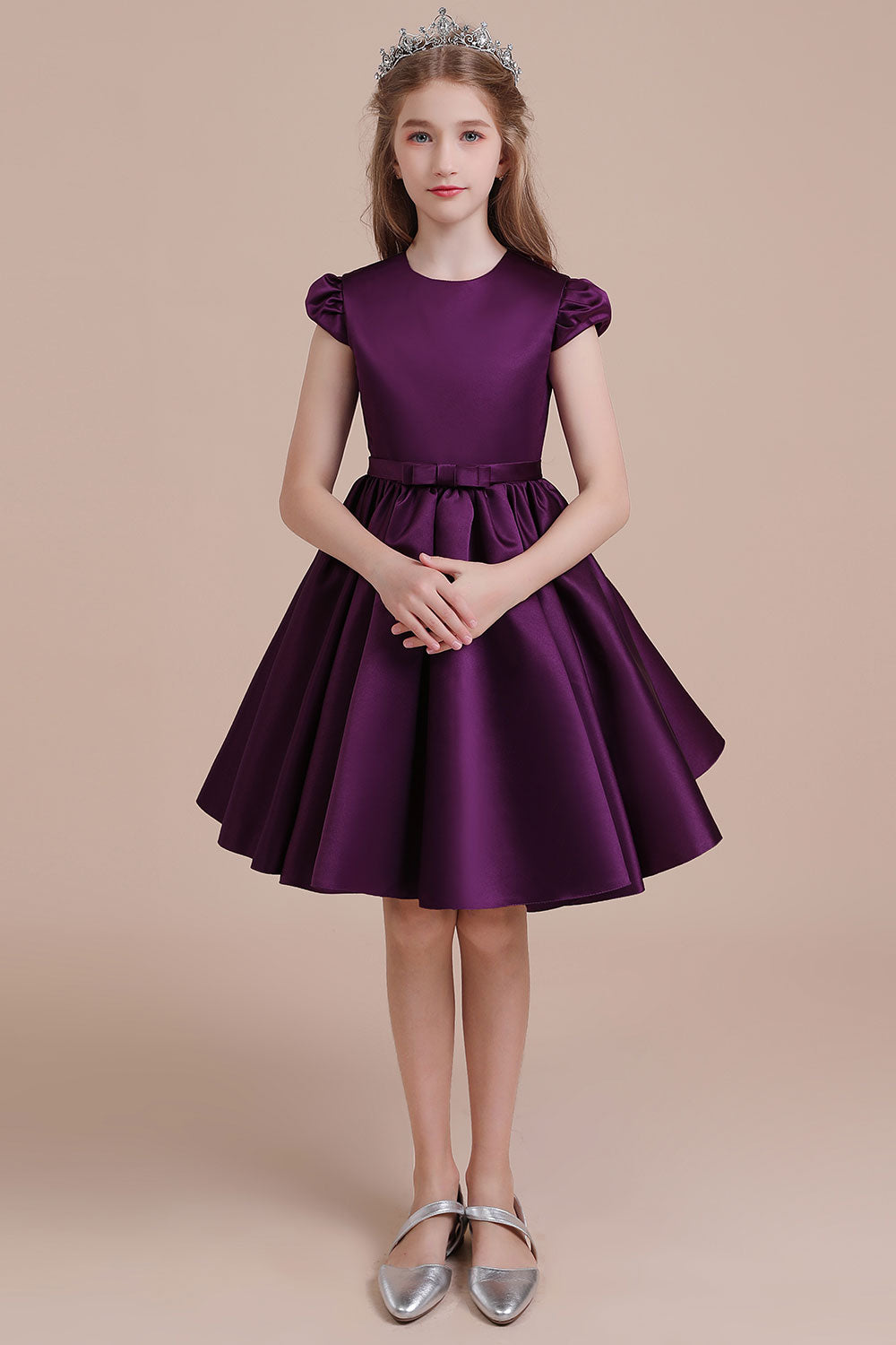 Graceful A-Line Satin Flower Girl Dress with Cap Sleeves & Ribbons