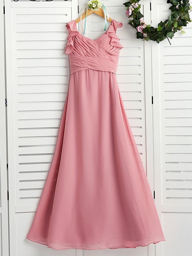 A-Line Boat Neck Maxi Chiffon Flower Girl Dress with Cascading Ruffles and Ruching