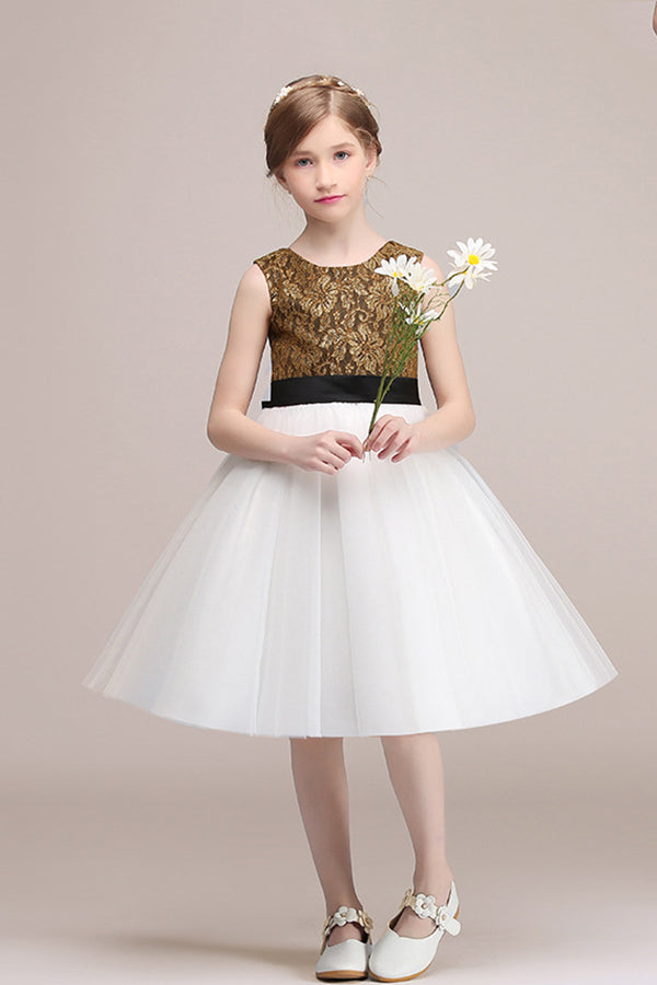 Jewel Sleeveless Polyester Flower Girl Dress with Bow and Tulle