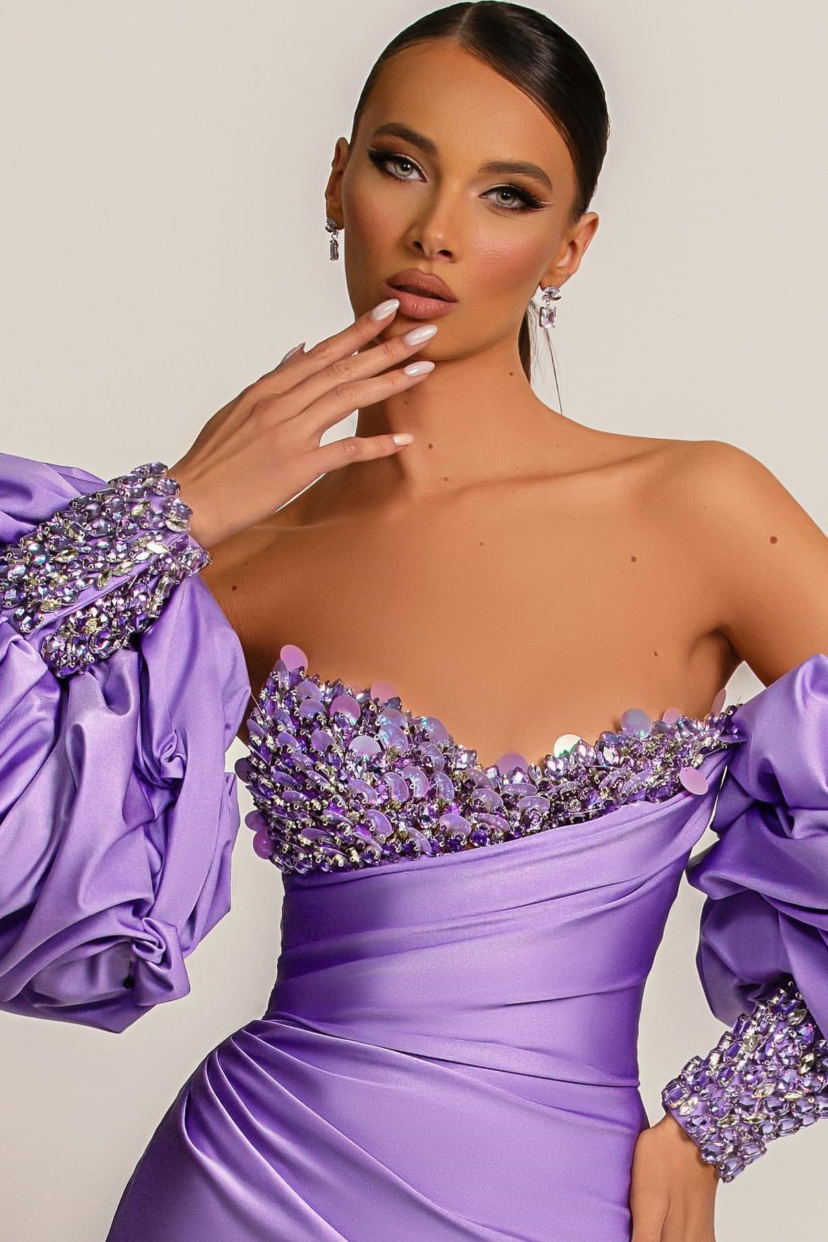 Purple Mermaid Prom Dress With Appliques Puff Sleeves