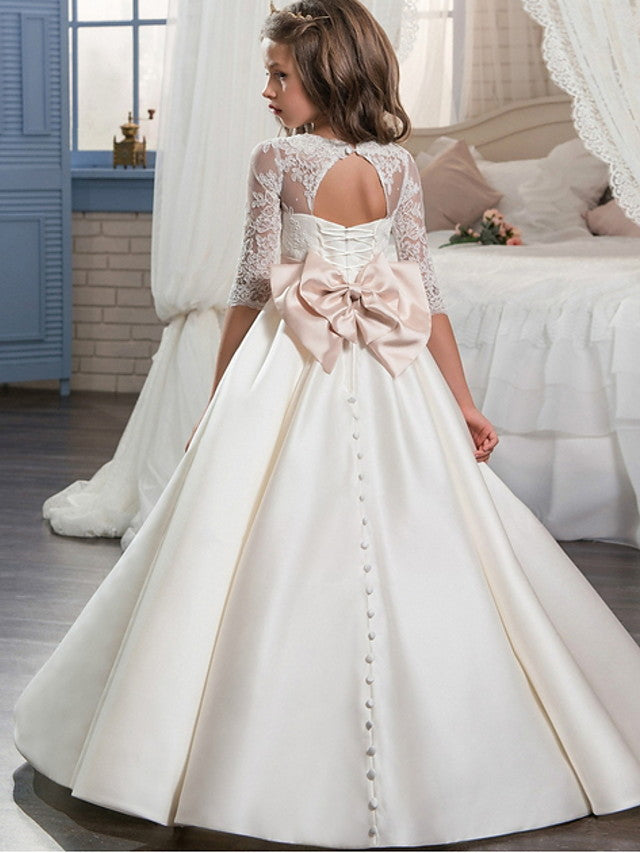 3/4 Length Sleeve Ball Gown With Lace Bow - Evening Flower Girl Dresses Polyester