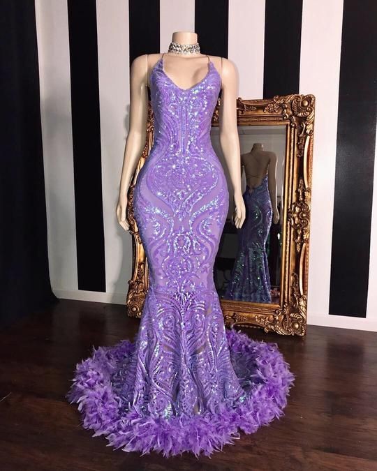 Gorgeous Mermaid Sleeveless Sequins Lace Prom Dress with Feathers