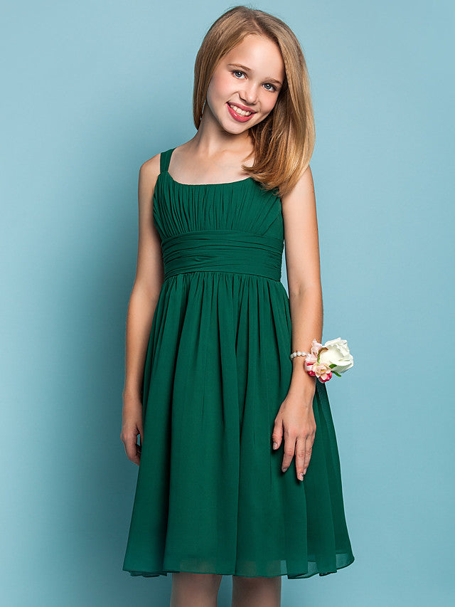 Elegant Knee-Length Chiffon Flower Girl Dress with Sheath Column Straps and Ruched Draping