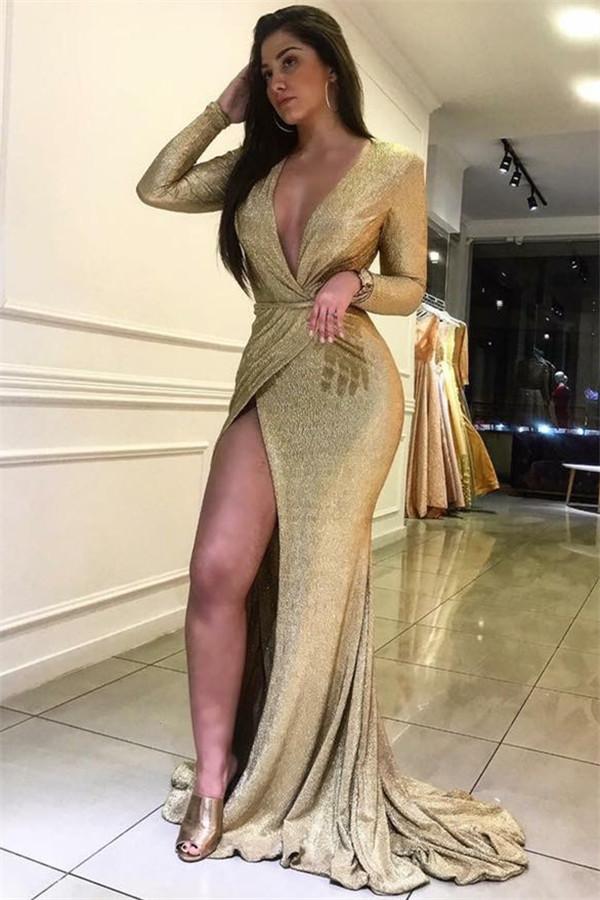 Modern V-Neck Prom Dress with Slit - Long Sleeves