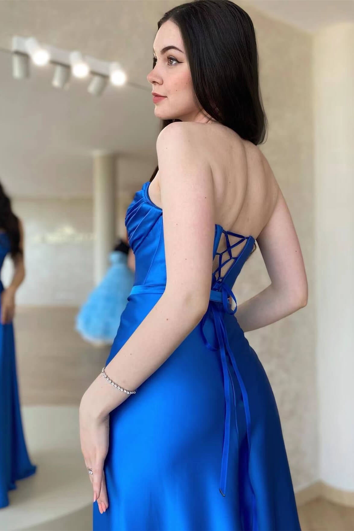 Royal Blue Strapless Sleeveless Prom Dress With Split