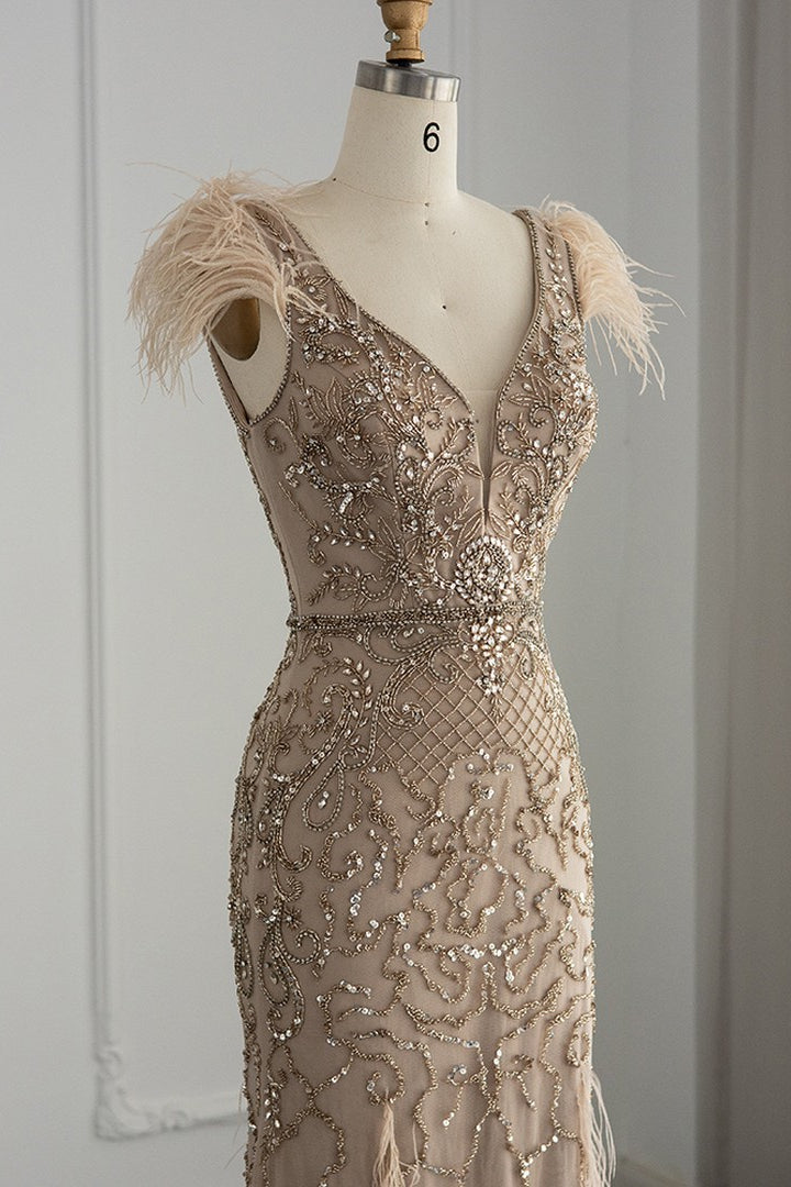 Luxury V Neck Mermaid Evening Dress with Feathers Appliques