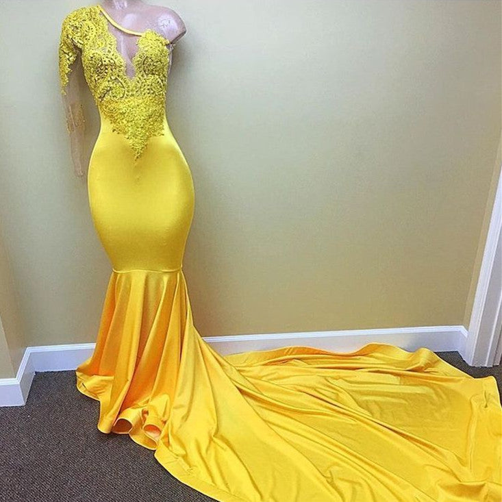 One Shoulder Yellow Long Sleeve Mermaid Prom Dress with Applique