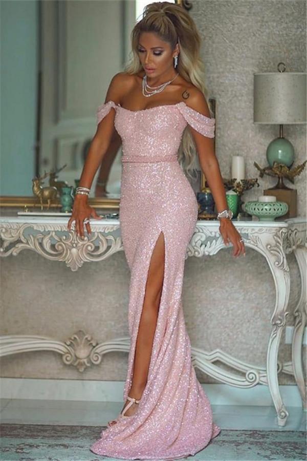 Pink Sequins Mermaid Elegant Evening Dress With Slit