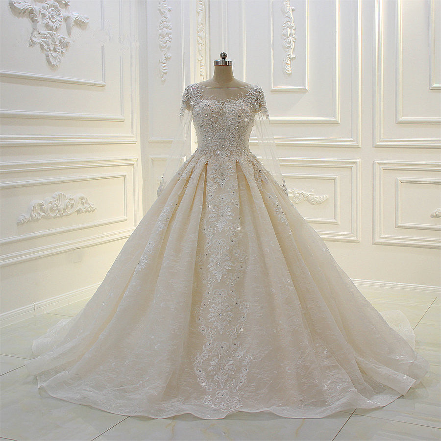 Bateau Long Sleeves Lace Appliques Ball Gown Wedding Dress