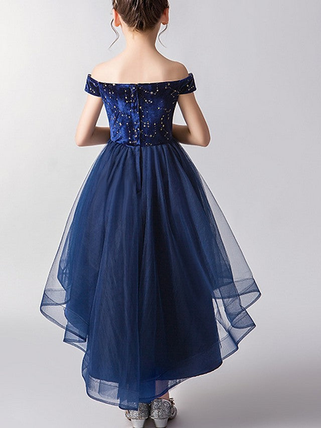 Short Sleeve A-Line Tulle Flower Girl Dress With Off Shoulder Print