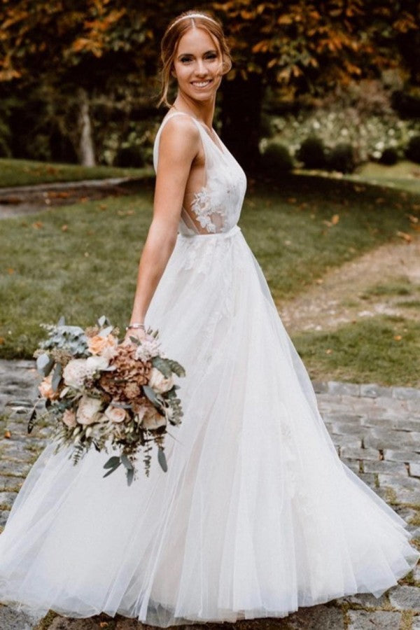 Stunning A-Line Deep V-neck Floral Wedding Dress with Open Back and Tulle Skirt