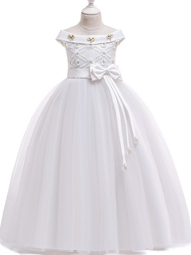 Princess Bateau Floor Length Cotton Flower Girl Dress with Bow Pearls Appliques